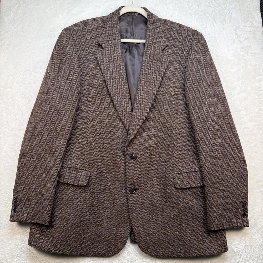 Harris Tweed Herringbone Wool Blazer Sport Coat Mens 44L Brown Ivy Classic
